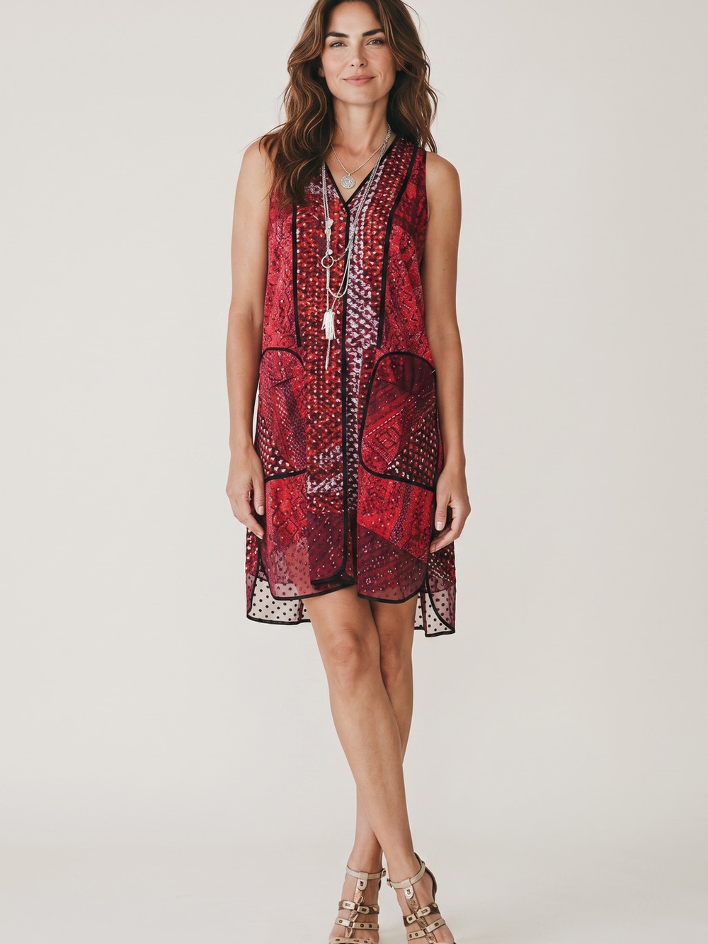 EDUN Silk Mixed Print Long Vest Duster Wearable Art Boho Belted Size L